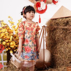 Váy áo dài tay phồng bé gái
