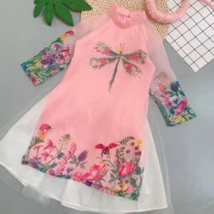 áo dài cách tan bé gái chân váy hình con chuồn chuồn hồng