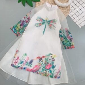 áo dài cách tan bé gái chân váy hình con chuồn chuồn trắng