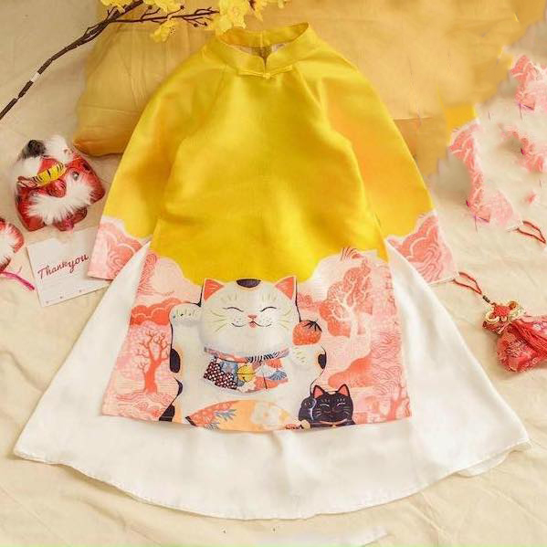 Bộ váy áo dài cách tân hoa mèo thần tài Bộ váy áo dài cách tân mèo thần tài