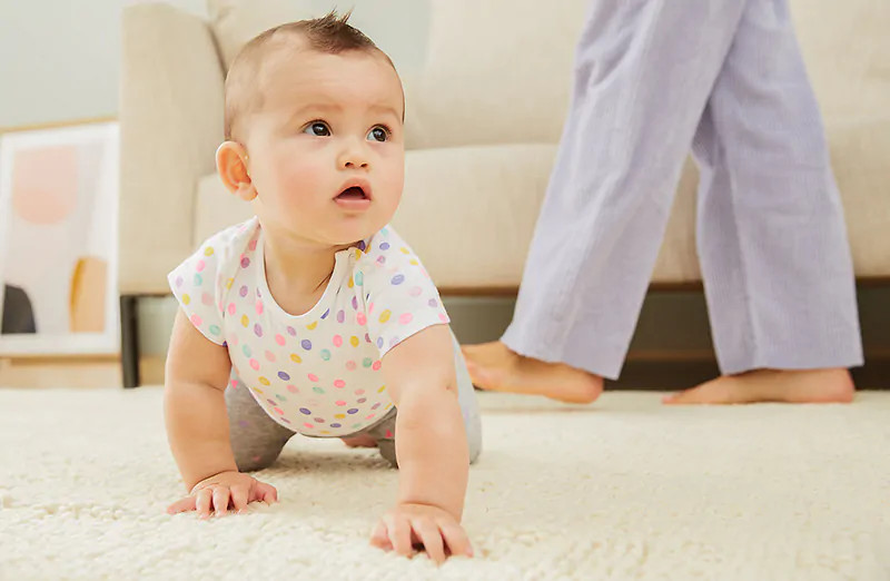 Ba mẹ dùng đồ chơi thu hút sự chú ý để khuyến khích bé tập bò