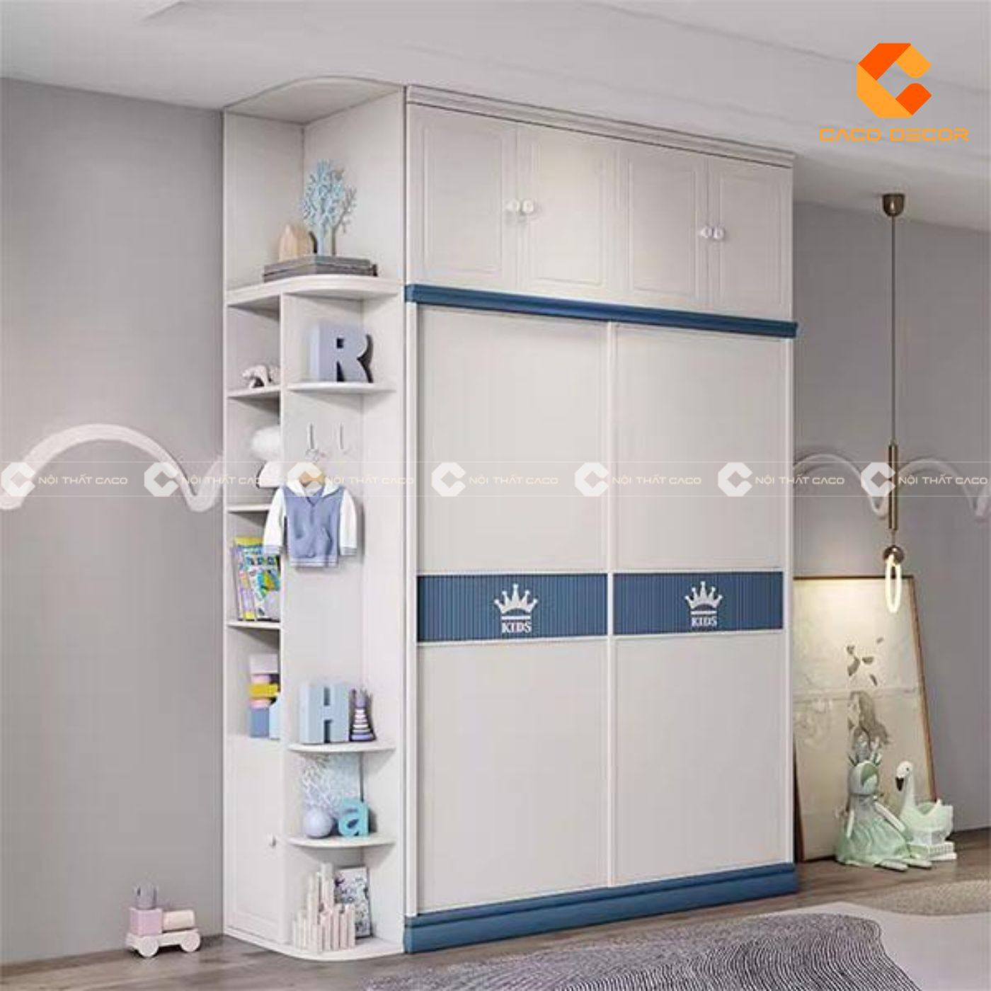 Tủ áo trẻ em cánh lùa phối màu trắng và xanh, tiết kiệm không gian