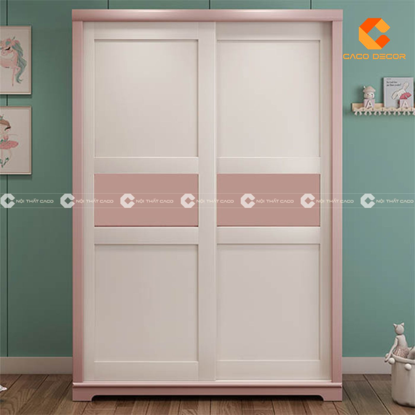 Tủ quần áo cánh lùa phối màu trắng hồng, nơi cất giữ những bộ áo cho bé gái